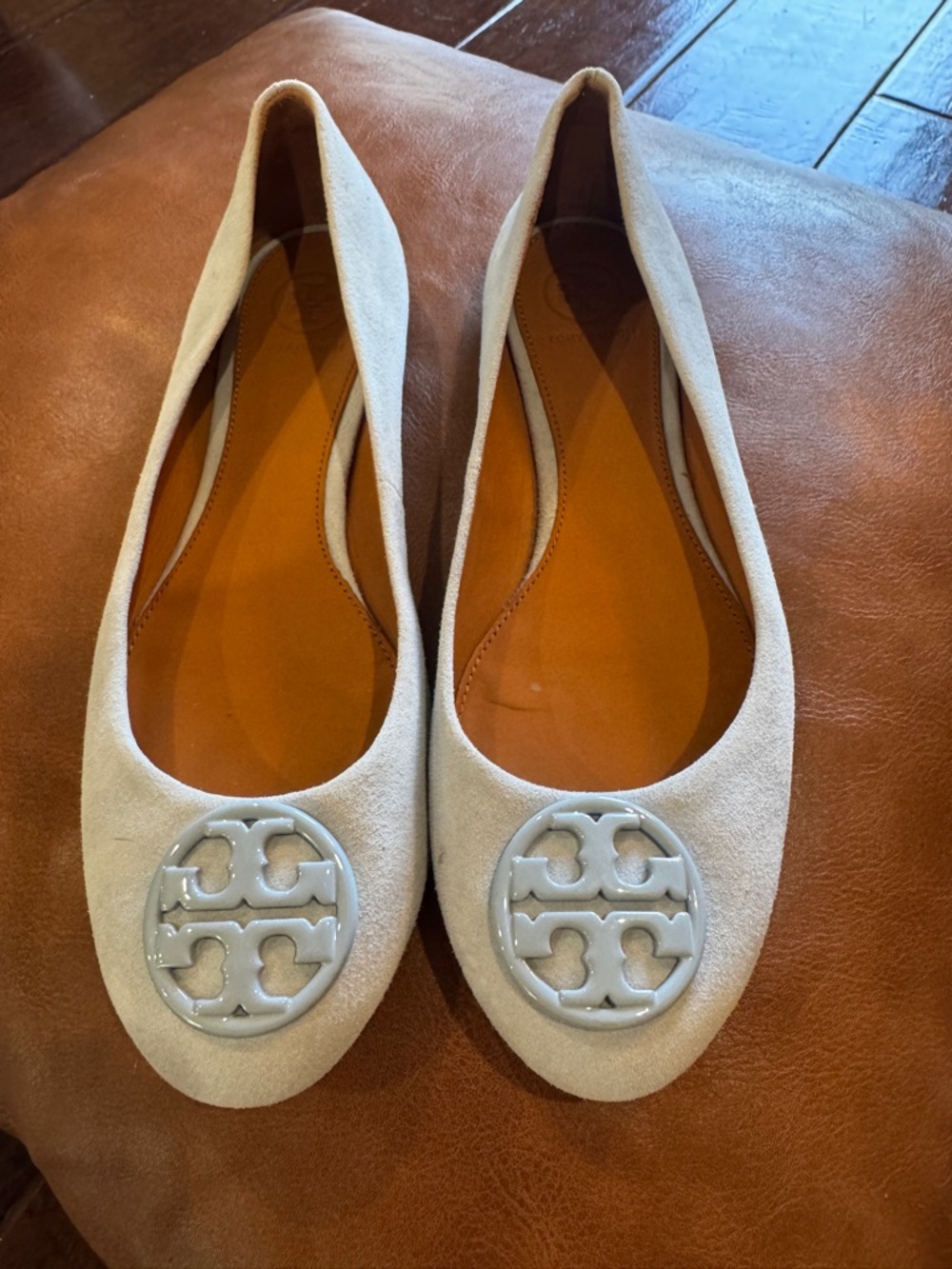 Tory Burch Light Beige Suede Logo Ballet Flats
